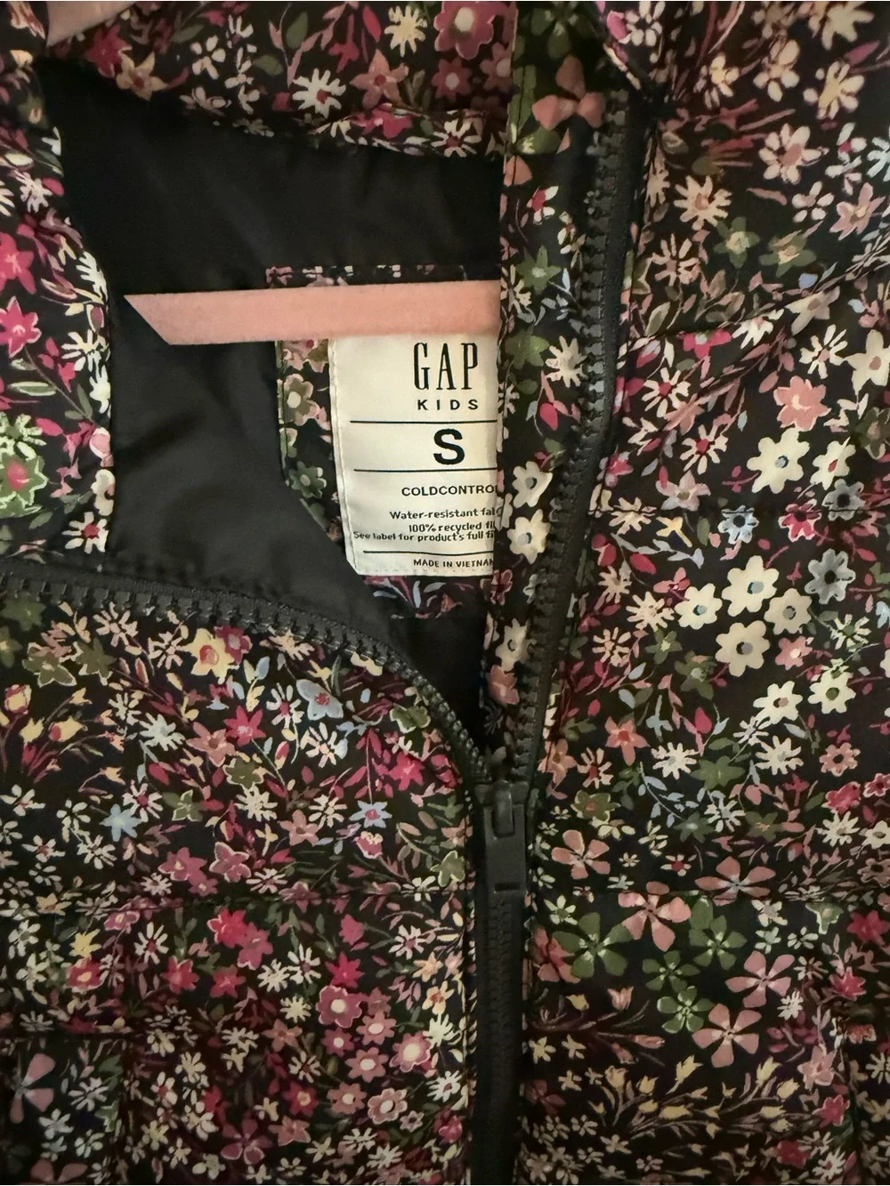 GAP Girls Floral Puffer Vest - Black with Pink, White & Green Floral Print